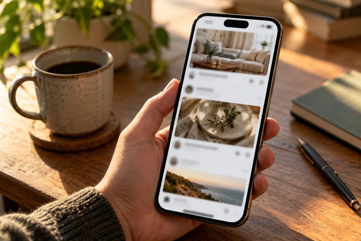 Hand holding a phone above a wooden desk, scrolling a blurred social feed during a Meta ads auction Black Friday campaign